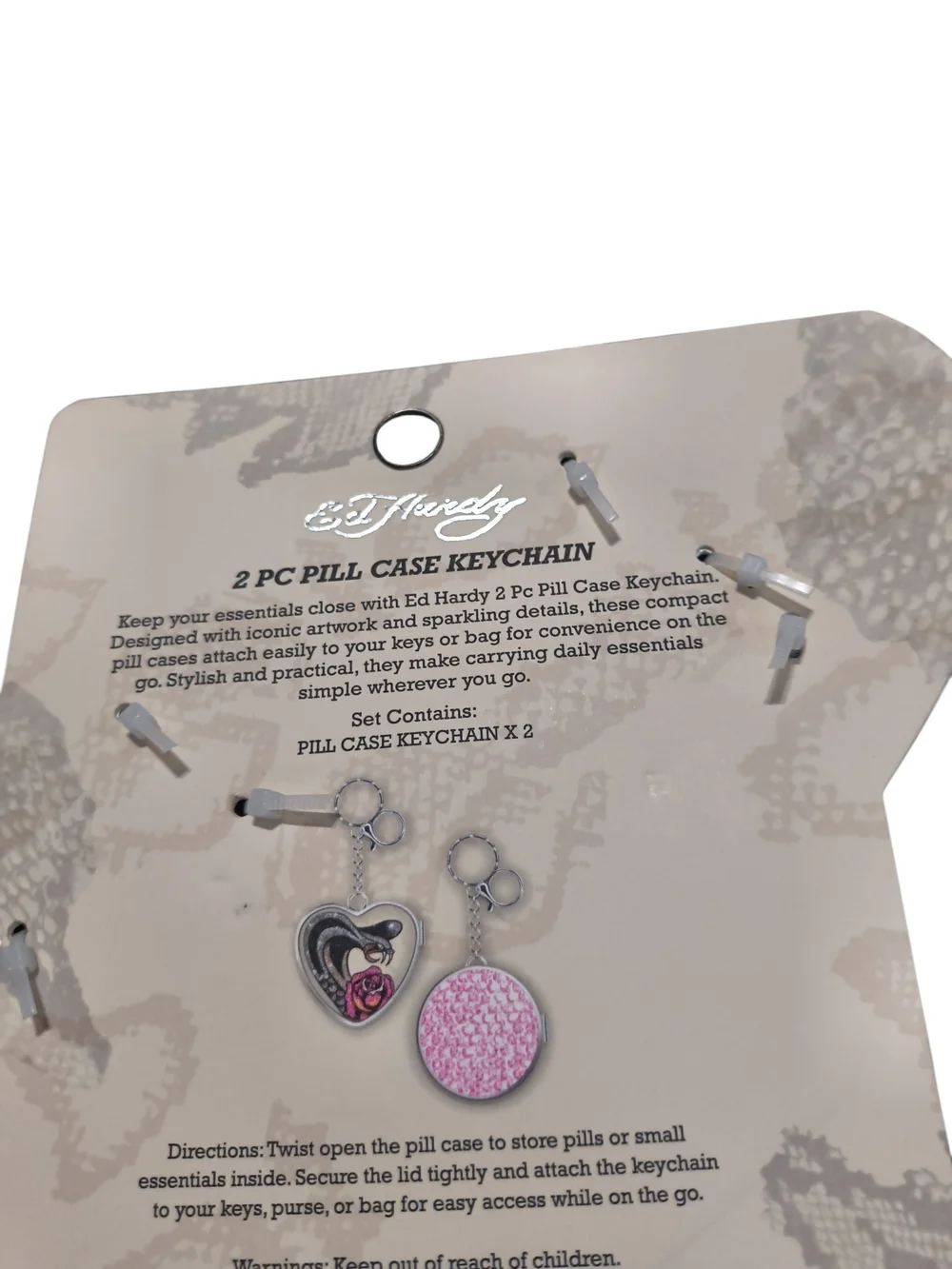 Ed Hardy Silver Keychain Pill Cases with Pink Accents - Heart & Round